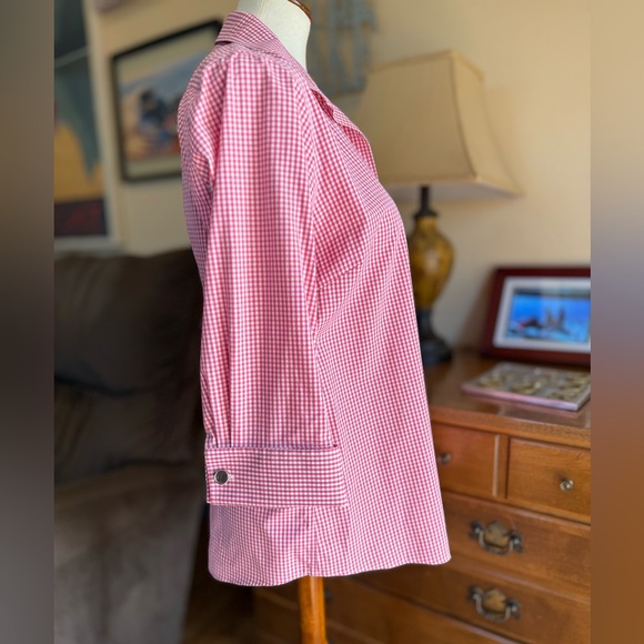 Lands' End Pink Gingham Button Down Shirt w/ 3/4 French Cuff Sleeve - Picture 3 of 12